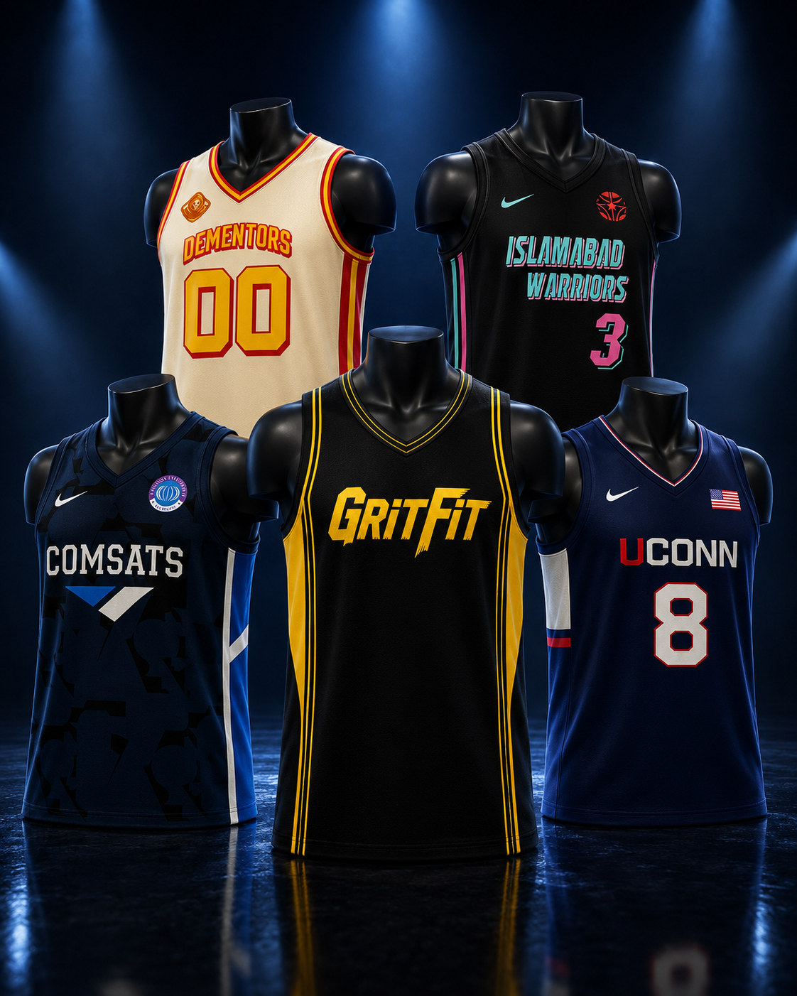 Custom team kits made by Vinxee in Pakistan with club names, numbers and sponsor logos printed by sublimation